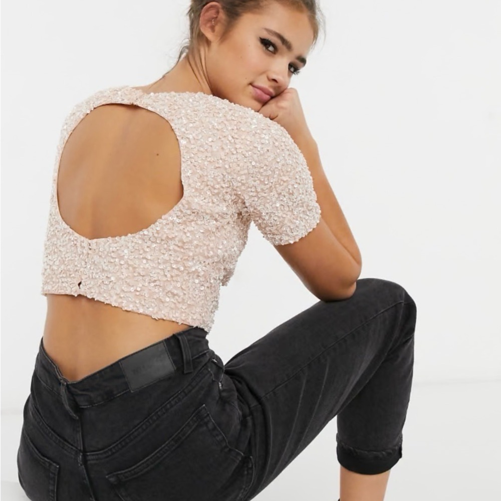 NWT Lace & Beads size 8 Sequin Embellished Crop Top - Pink